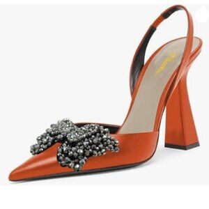 Elegant Orange Slingback Heels with Embellished Bow